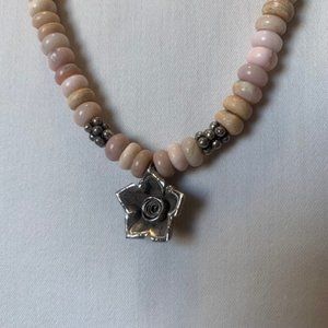 Incredible Handmade Peruvian Pink Opal Necklace with Bali Silver Flower Pendant
